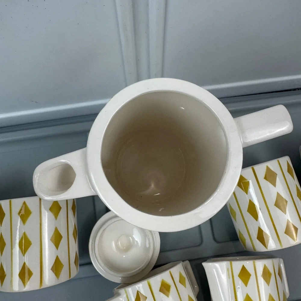VTG Royal Sealy Harlequin Diamond Coffee Tea Set White Mustard MCM Ceramic 9pc